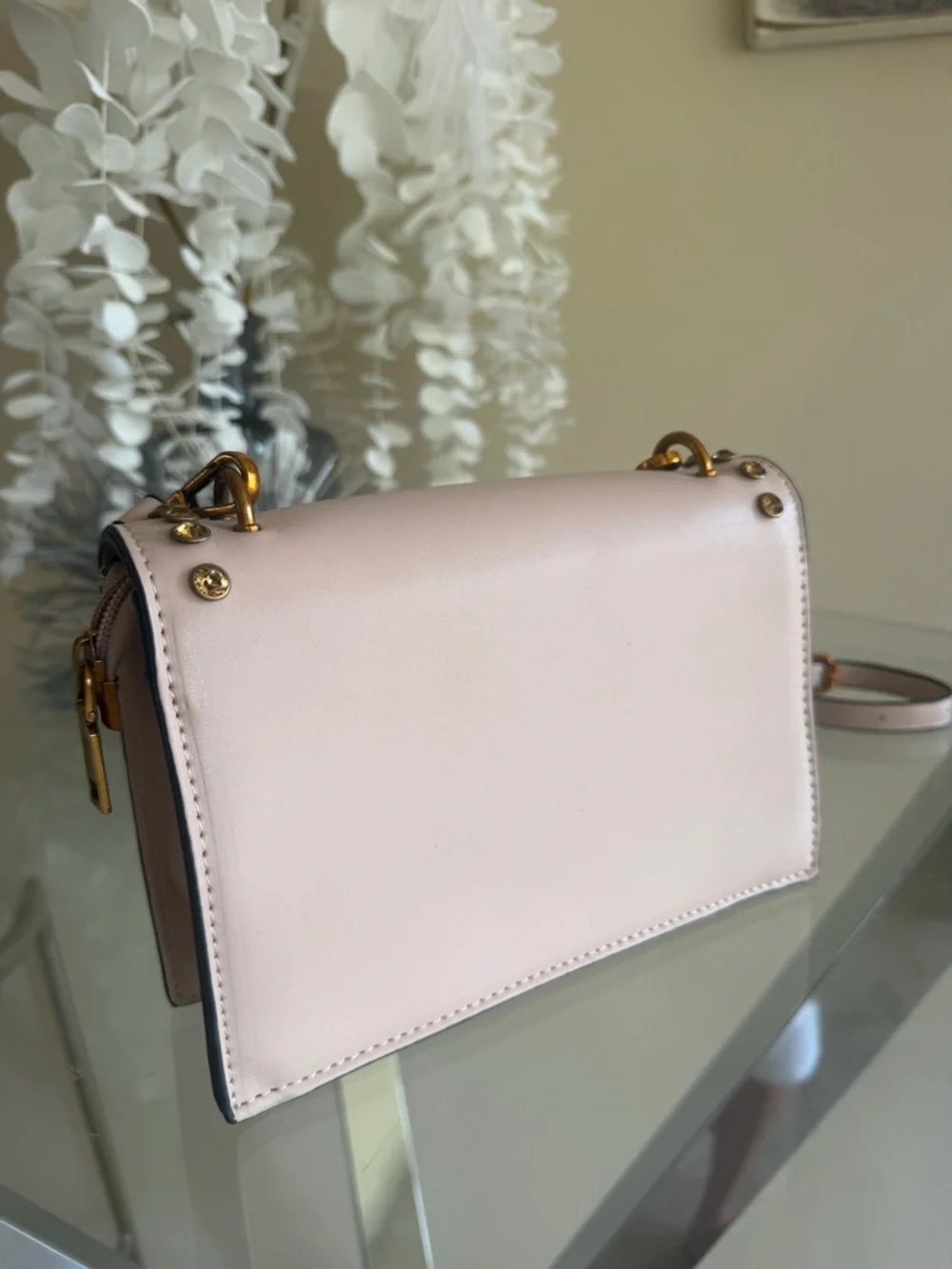 Blush Pink Studded Crossbody Bag with Bee Emblem